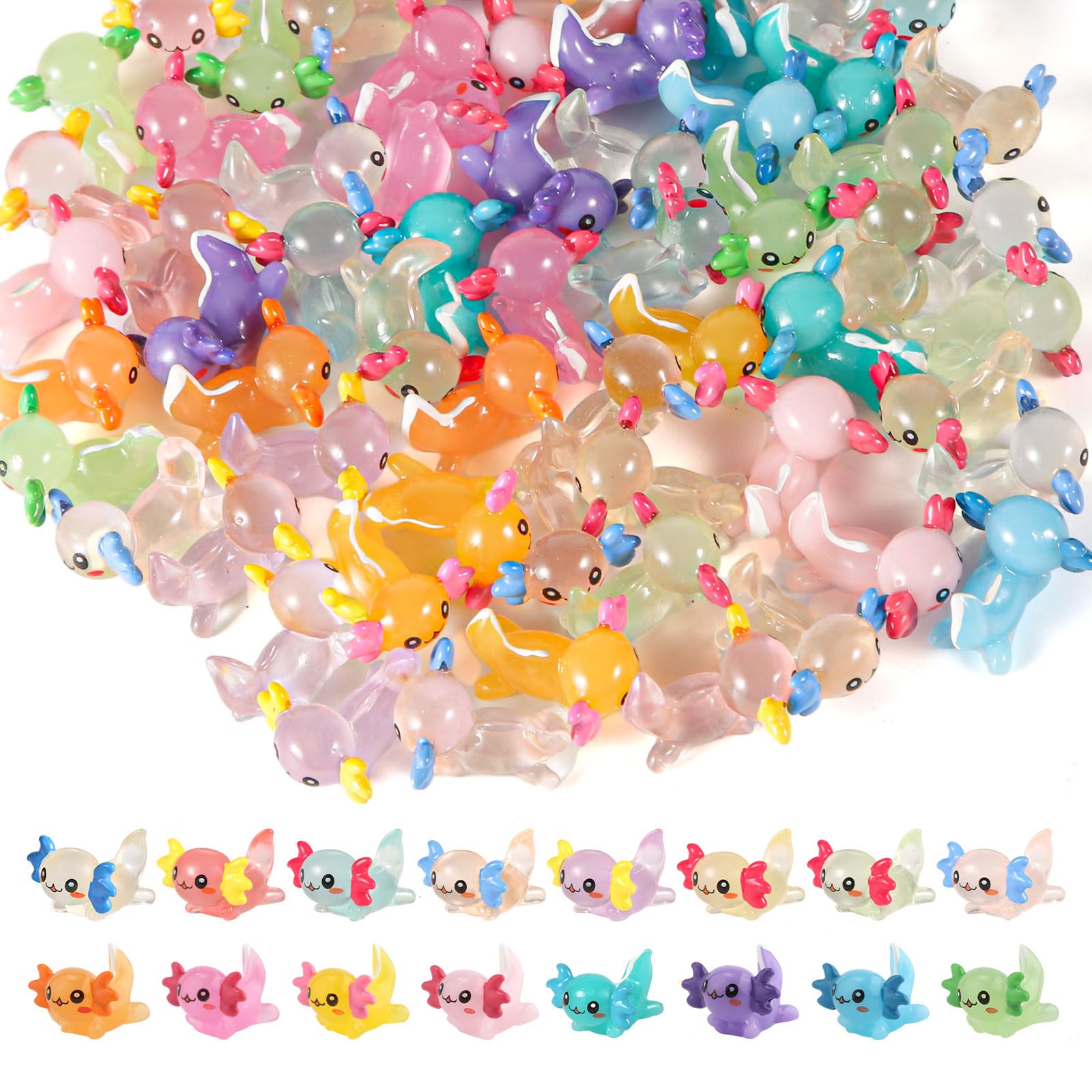 XIHIRCD 64pcs Mini Axolotl Figures, Glow in The Dark Resin Axolotl Tiny Animal Figurines Ornament Axolotl Charms for DIY Craft Garden Landscape Dollhouse Potted Plants Decorations (16 Colors)