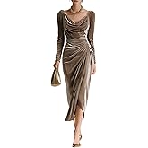 Chvity Womens Velvet Cocktail Dress Cowl Neck Long Sleeve Party Midi Wedding Guest Ruched Slit Bodycon Dress