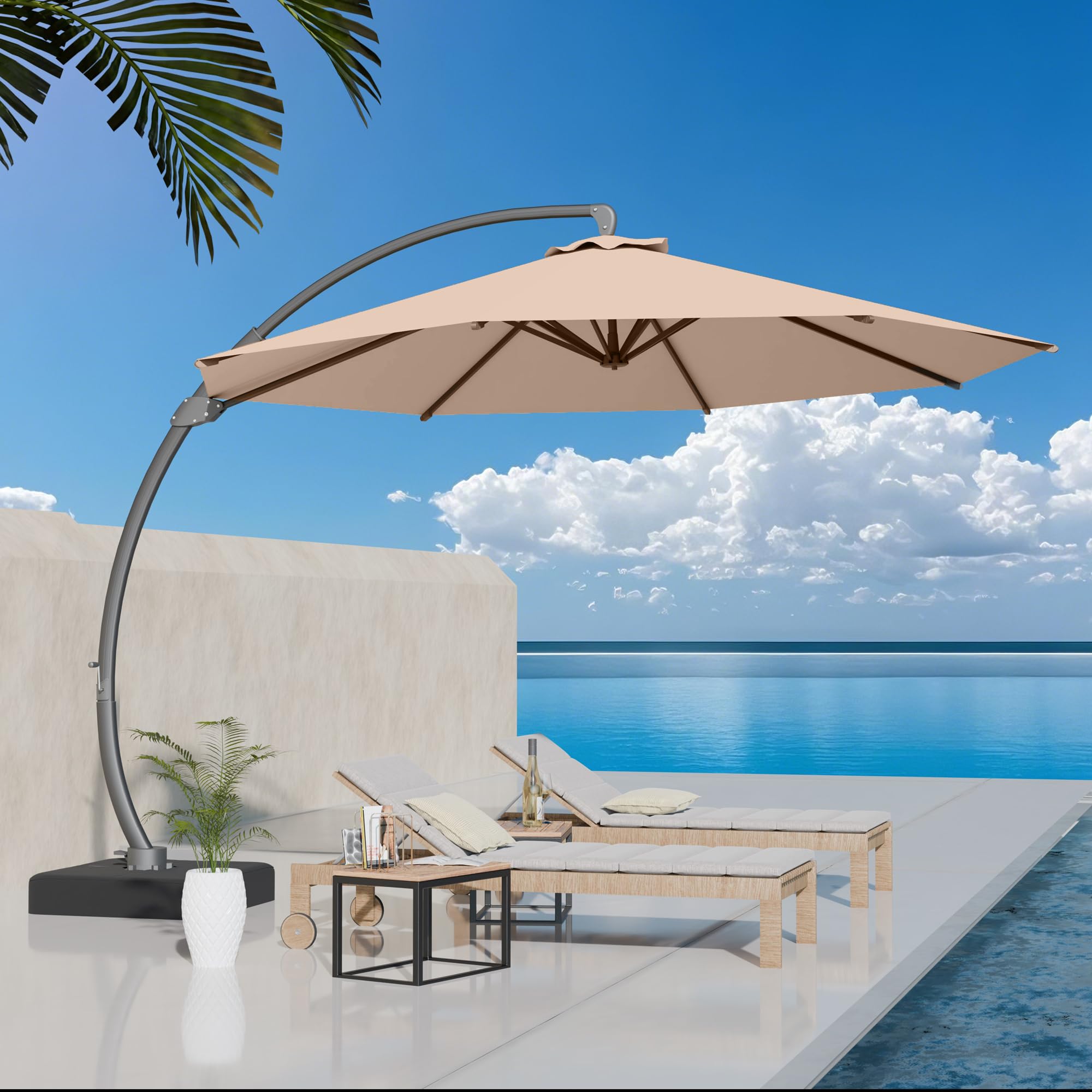 Photo 1 of ****SEE NOTES *** Photo stock for referenceKingdura 11ft Offset Cantilever Patio Umbrella with Base Included, Large Round Aluminum Outdoor Umbrella, 360° Rotation & Infinite Tilt, Heavy Duty Frame for Deck Pool Backyard, Beige