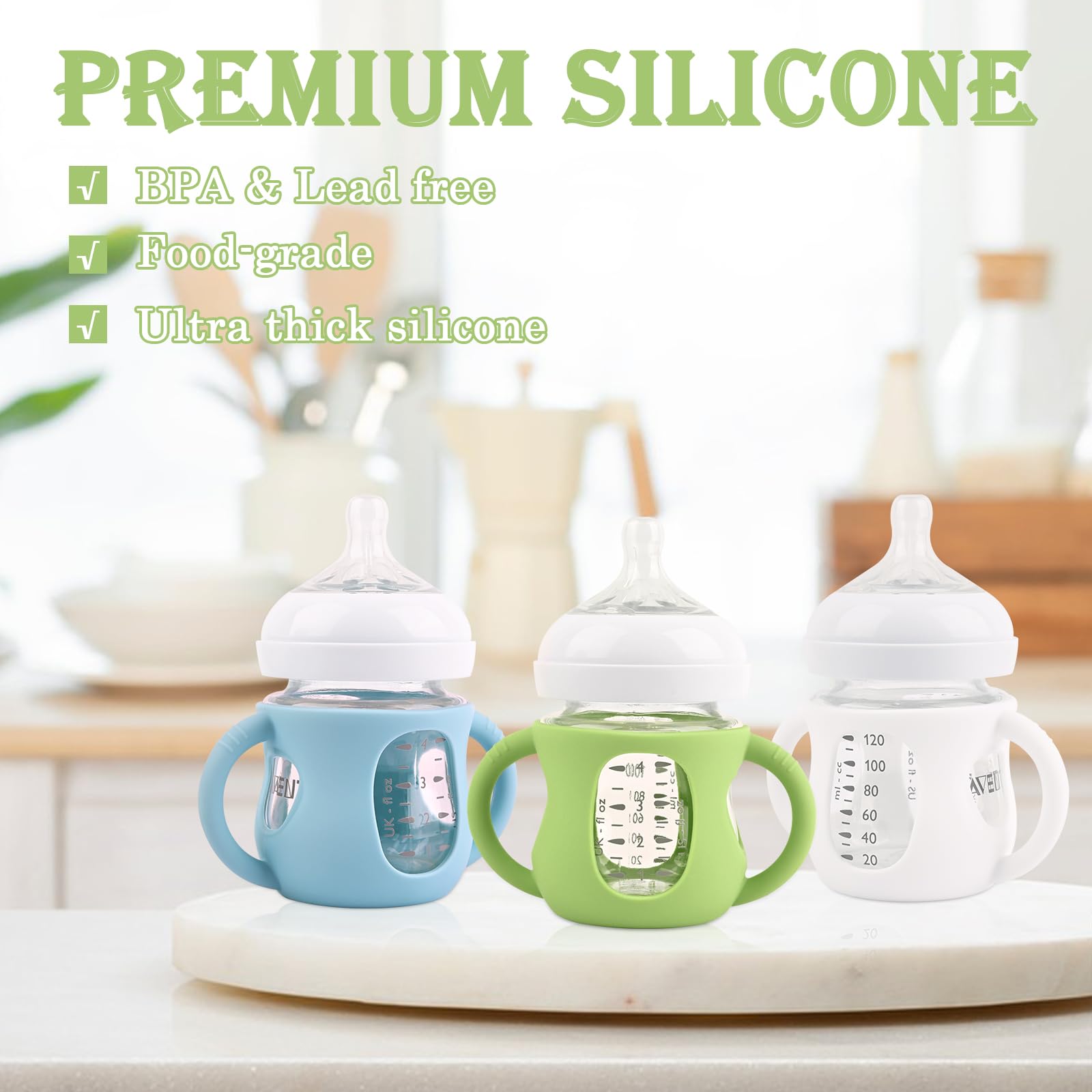 3 Pack Silicone Sleeves for Avent Natural Glass Baby Bottles, Anti Breakage Baby Bottle Holder with Handles, Compatible Philips Avent Glass Natural Baby Bottle 4 oz