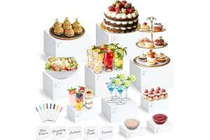 QINZAVE 10 Pcs White Acrylic Buffet Risers with Mini Sign and Marker, Food Display Stands for Buffet Table Party Catering Dessert Jewelry Collectibles, Acrylic Cube Nesting Boxes with Hollow Bottoms 8 Sizes (10" 9" 8" 7" 6" 5" 4" 4" 3" 3")