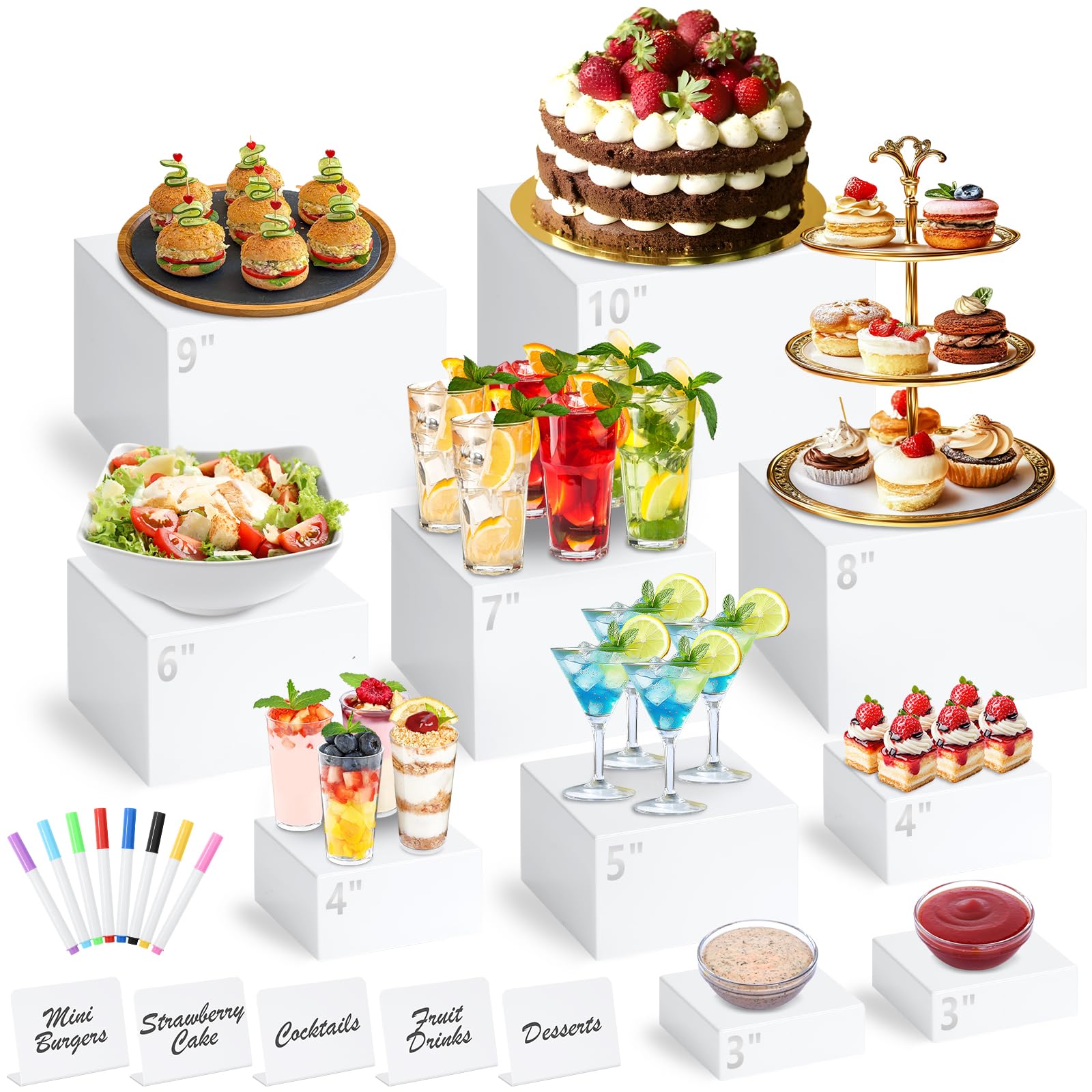 Photo 1 of 10 Pcs White Acrylic Buffet Risers with Mini Sign and Marker, Food Display Stands for Buffet Table Party Catering Dessert Jewelry Collectibles, Acrylic Cube Nesting Boxes with Hollow Bottoms 8 Sizes (10" 9" 8" 7" 6" 5" 4" 4" 3" 3")