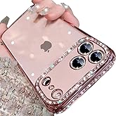 Changjia Clear Glitter Case for iPhone 17 Pro, Cute Luxury Bling Sparkly Diamond Rhinestone with Camera Lens Protector TPU Plating Bumper Slim Transparent Women Girls Case for iPhone 17 Pro 6.3",Pink