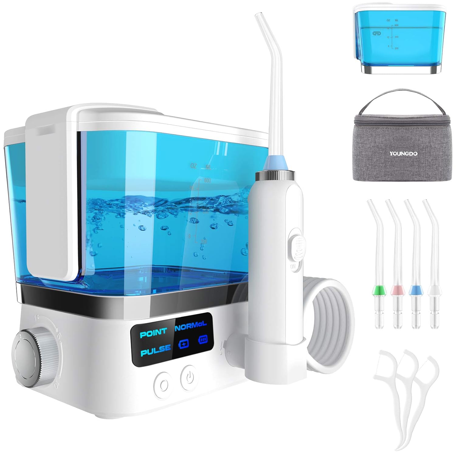 YOUNGDO Upgrade Oral Irrigator Teeth Cleaner Oral Irrigator with 4 Jet Tips, Dental Flosses - 600ML, IPX7 Waterproof, Stepless Adjustment, USB Rechargeable Dental Flossers for Teeth: Beauty