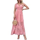 Women's V Neck Tie Strap Embroidered Lace Maxi Wedding Dress Boho Sleeveless V-Back Wedding Guest Party Dresses