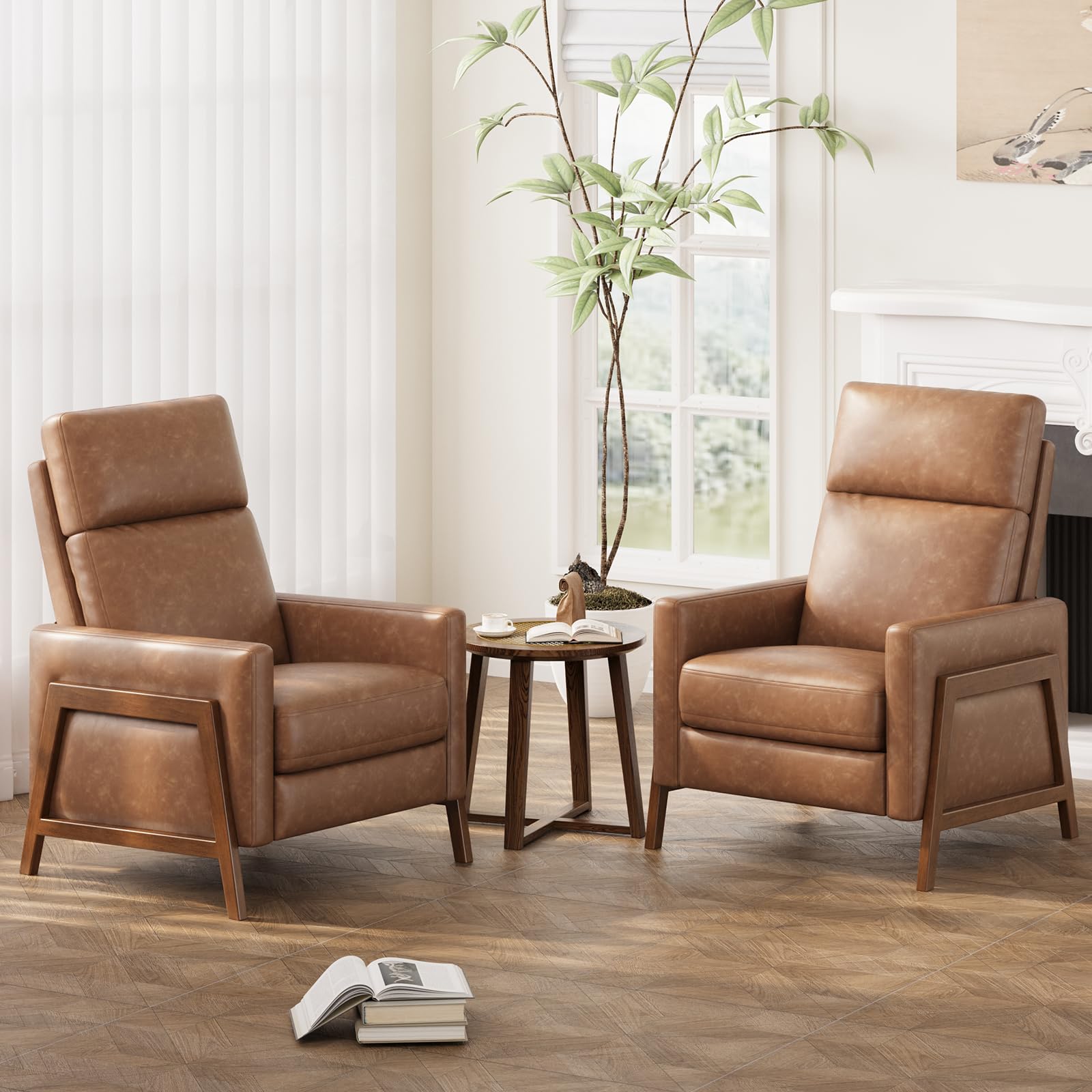 Photo 1 of COLAMY Push Back Recliner Chair Set of 2, Upholstered Leather Recliner with Footrest 105-135 Degree Adjustable, Comfy Modern Wingback Recliner for Living Room, Bedroom,Small Spaces, Cocoa