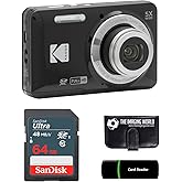 Kodak PIXPRO FZ55 Black 16MP Digital Camera 5X Optical Zoom 28mm Wide Angle 1080P Full HD Video 2.7" LCD Camera + 64GB Card and Reader + Memory Wallet