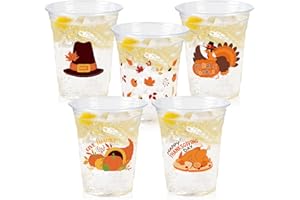 CUPLOOV Thanksgiving Party Decoration Disposable Plastic Cups, 50 Pack 12oz Fall Disposable Plastic Cups with Fall Pumpkin Leaf Truck for Thanksgiving Autumn Fall Harvest Wedding Party Decoration Supplies