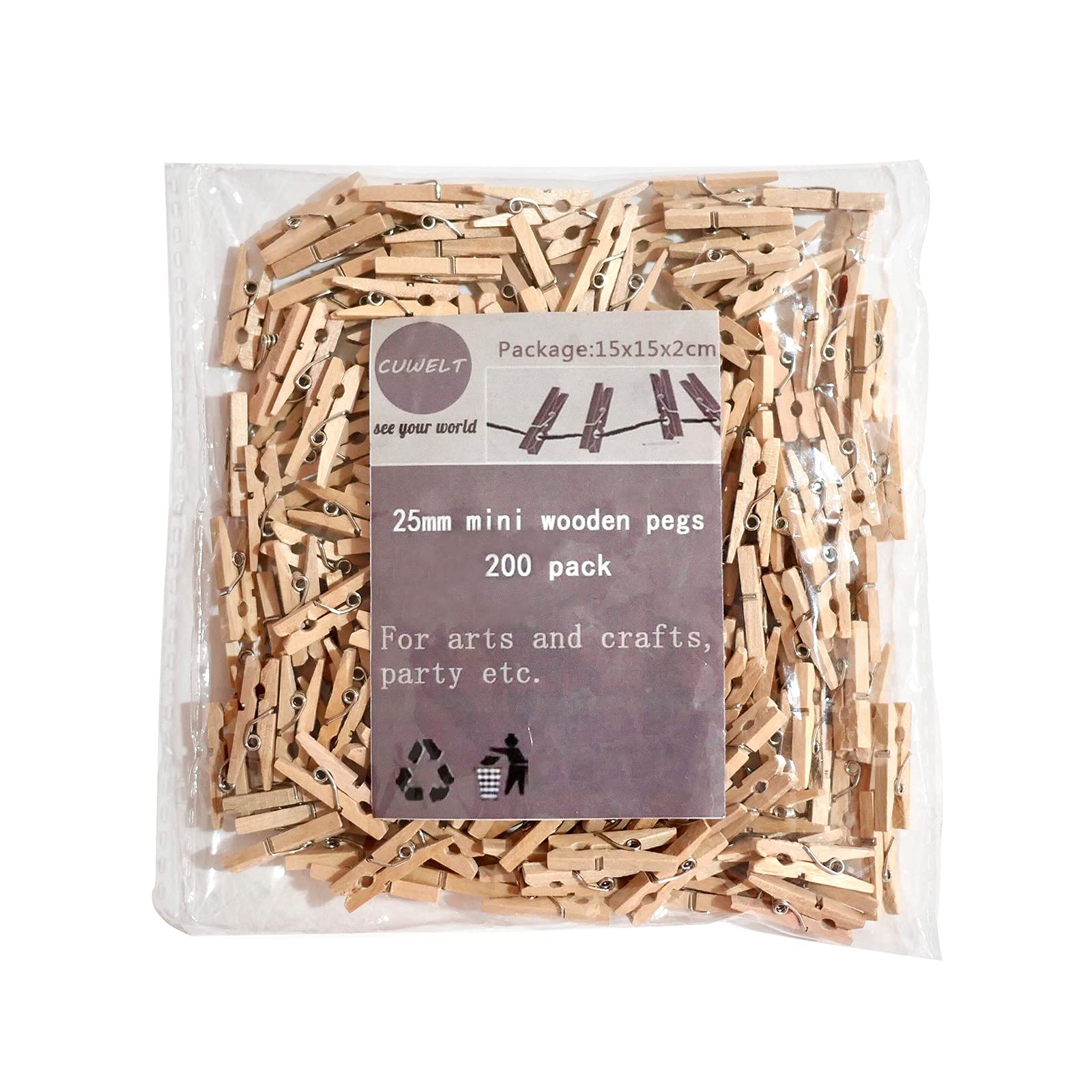 CUWELT 200pcs Mini Wooden Pegs, Small Wooden Clips Photo Natural for Decorative Photo Wall, Mini Wood Clothes Pegs Hardwood, Tiny Peg for Christmas, Holding Paper, Arts, Crafts, Wedding Event, DIY