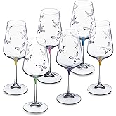 Barski Wine, Water, Goblet Crystal Glasses, With Butterfly Imprint on the Glass, Assorted Colour Stem, Set of 6 Glasses, 16 oz, Gift Boxed, Made in Europe