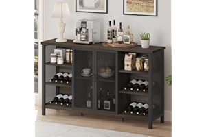 FATORRI Wine Bar Cabinet for Liquor and Glasses, Industrial Coffee Bar Cabinet, Farmhouse Sideboard and Buffet Cabinets with Storage, Wood and Metal Wine Rack (55 Inch, Walnut Brown)