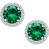 SMILEST Gifts for Her - 925 Sterling Silver Halo Birthstone Earrings, Round Cut Birthstone Stud Earrings Anniversary Birthday Gifts for Women Mom Wife Daughter Girlfriend Grandma