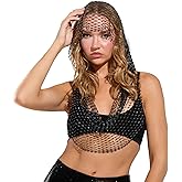 Rhinestone Mesh Fishnet Tops for Women Shiny Sexy Hooded Hollow Out Crop Tops Party Clubwear Bikini Cover Up