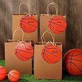 Dansydaisy 12 Sets 10.6 Inch DIY Basketball Paper Gift Bag Sets with Handles Personalized Basketball Party Favor Bags Include Tags Marker Jute Rope Paper Goodie Bundle for Sport Party Supplies