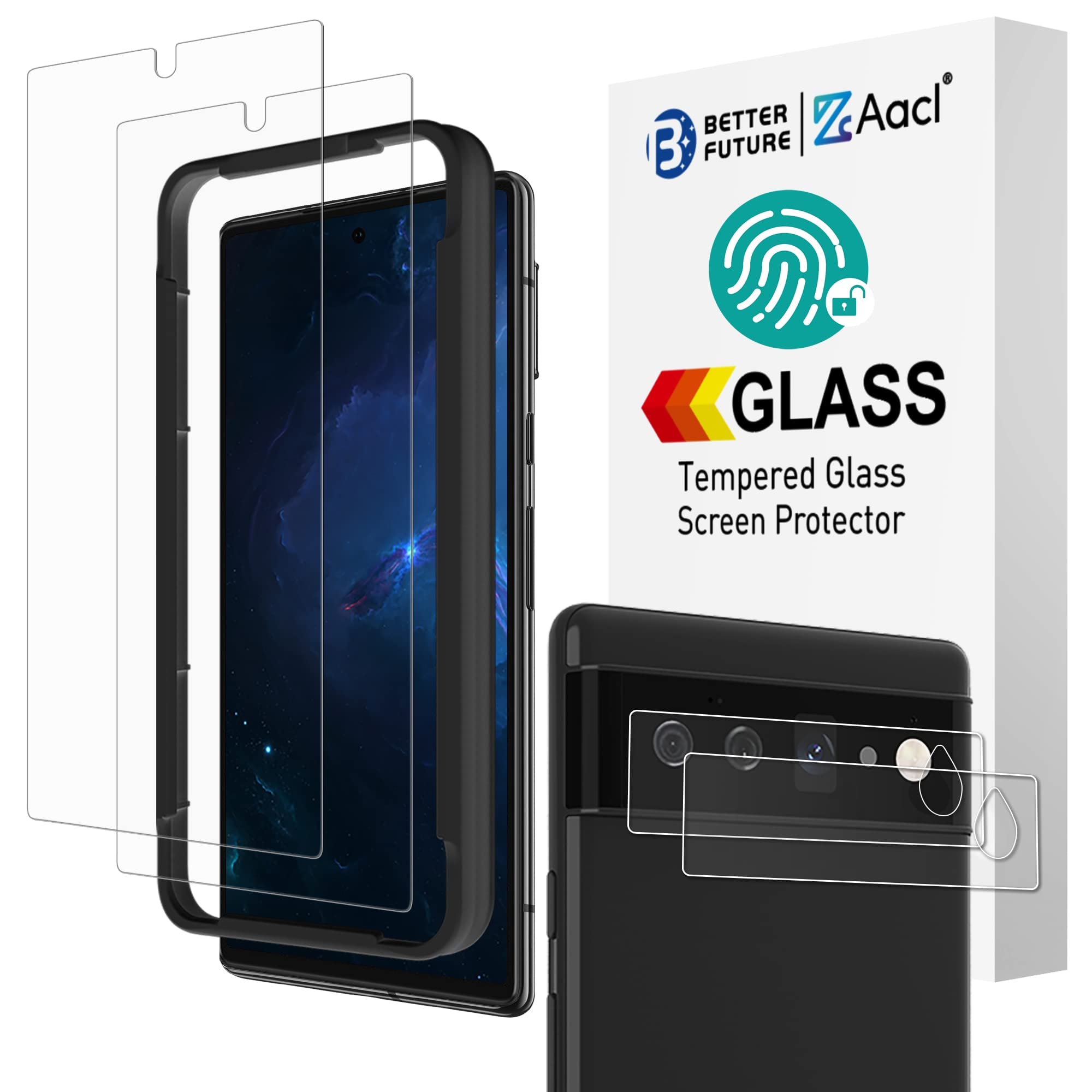 Photo 1 of AACL 2 Pack Tempered Glass for Google Pixel 6 Screen Protector+ 2 Pack Camera Lens Protector, [with Alignment][Fingerprint Unlock][Anti-Scratch][Work with Case]
