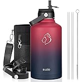 BUZIO 64oz Insulated Water Bottle Stainless Steel Double Wall Leak Proof Half Gallon with Straw Lid and Flex Cap (Cold for 48 Hrs) Sports Flask Metal Travel Mug for Hiking Cycling, Ruby Red Navy