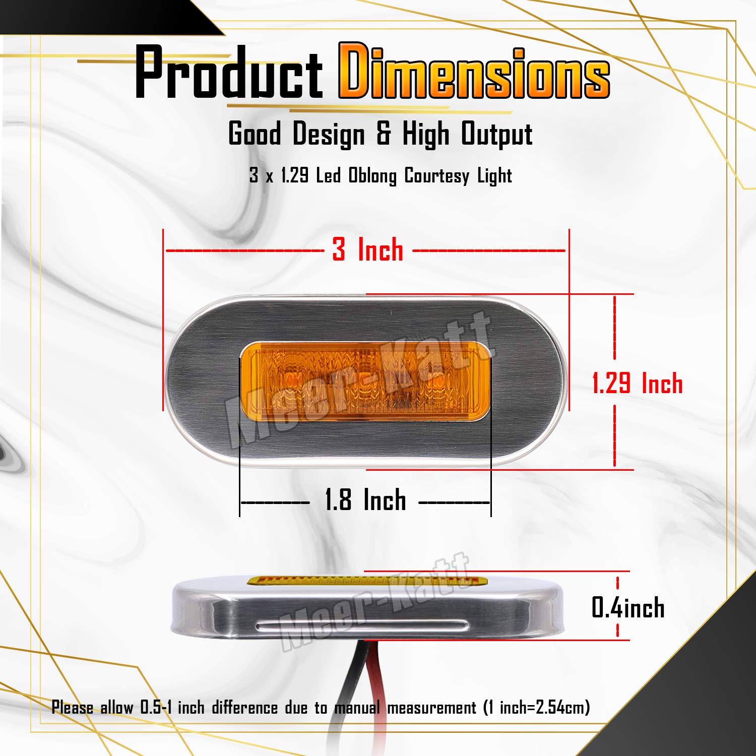Meerkatt (Pack of 10) 3 Inch Oblong Amber LED Marine Courtesy Light Sealed Flush Mount Clearance Lamp for Yacht Stair Deck Garden Boat RV Cabin Truck Waterproof 12V DC with Chrome Stainless Bezel UV12