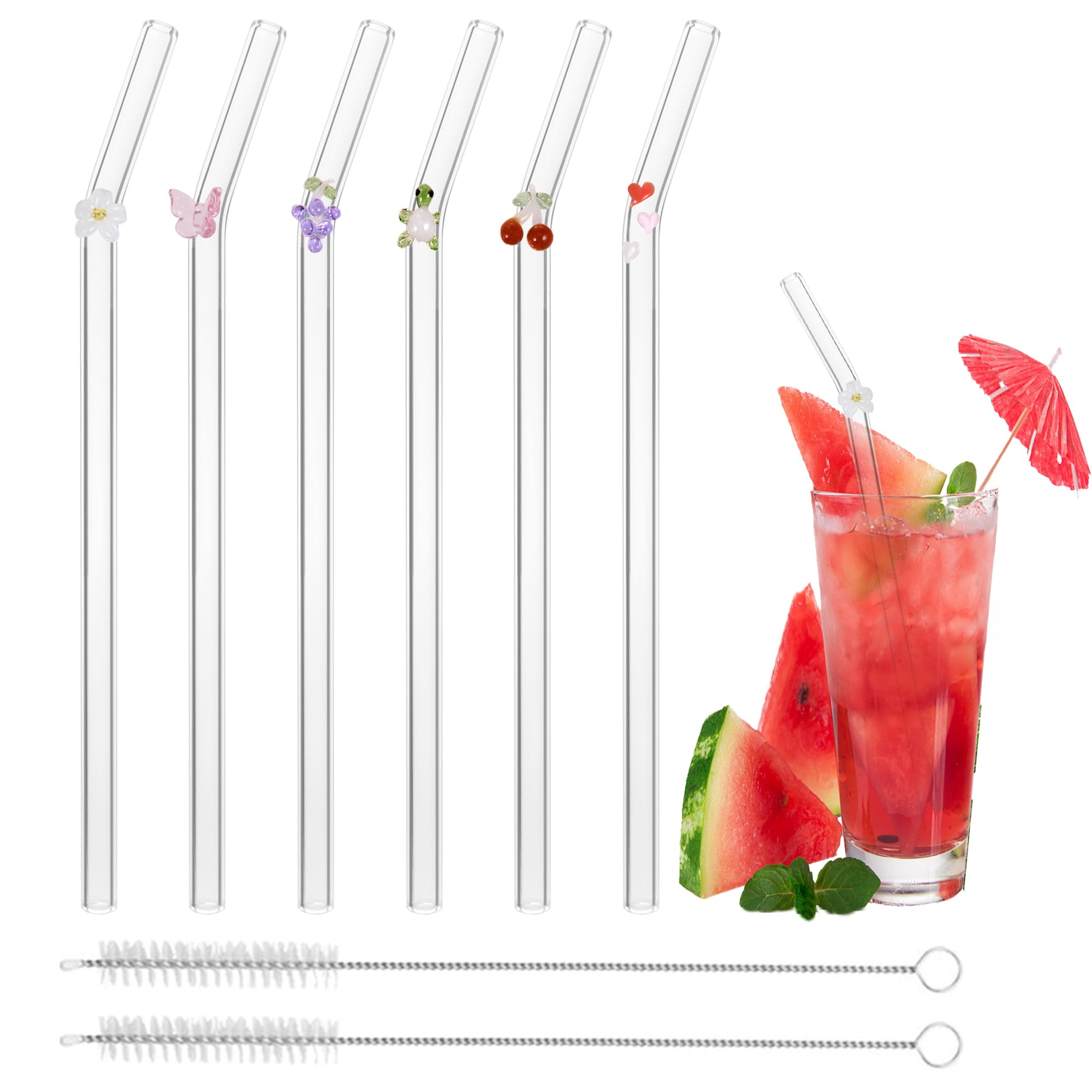 6 PCS Glass Straws, Reusable Straw Drinking Replacement Straws for Cups Tumbler, Coffee Cup Straw with Cleaning Brush, Long Straws Glass Straws with Design