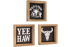 flangairy Western Bathroom Decor, Wooden Western Wall Art, Southwestern Cowboy Yee Haw Cow Skull Wild Free Signs, Black White Farmhouse Home Table Shelf decorations