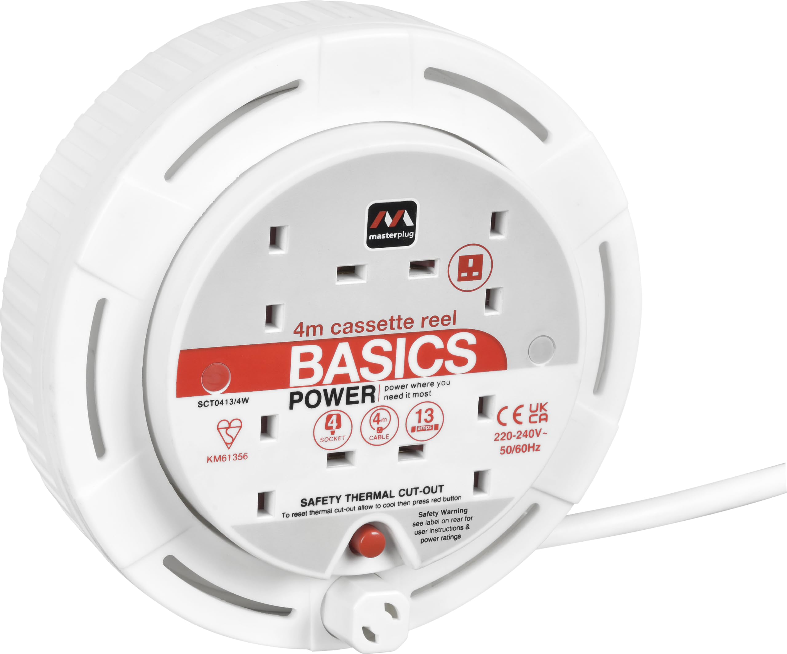 Masterplug Four Socket, 4 Metre Cassette Reel, Small Extension Lead Cable Reel, Wind-Up Retractable Power Cord Reel, Thermal Cut Out, Basic Power, White, 13A, 4G, 4m, SCT0413/4W