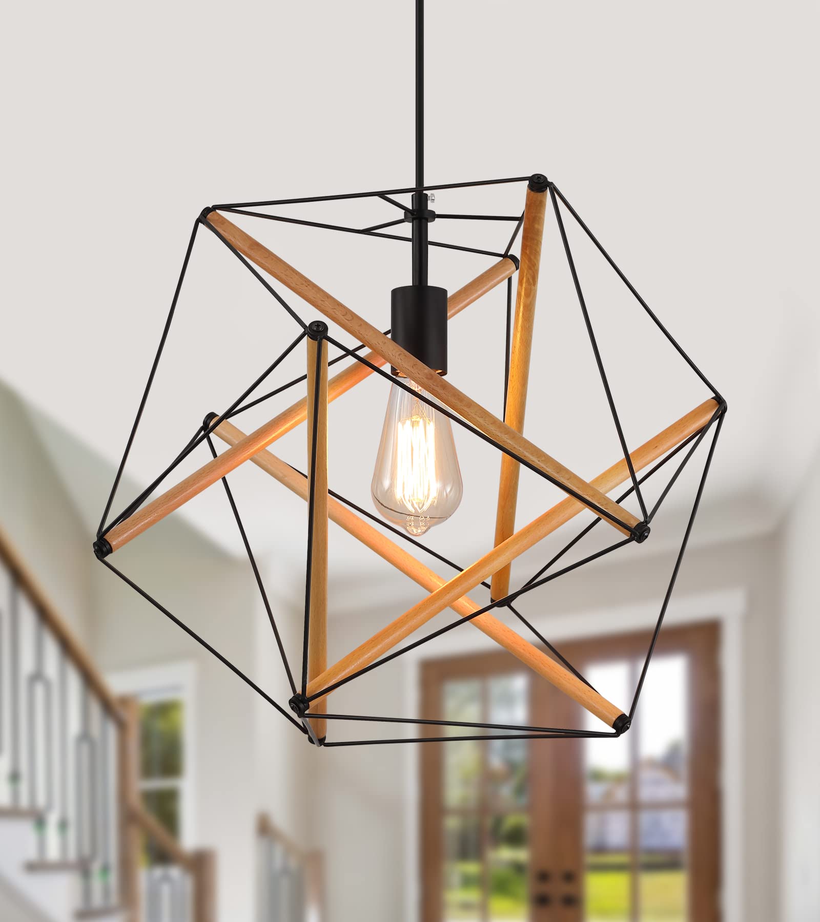 Photo 1 of AMZASA Black Geometric Art Deco Hanging Pendant Light Metal and Wood Modern Industrial Chandelier Light Fixture for Dining Room Kitchen Island Arts Center Yoga Studio,Need Assemble UL Listed