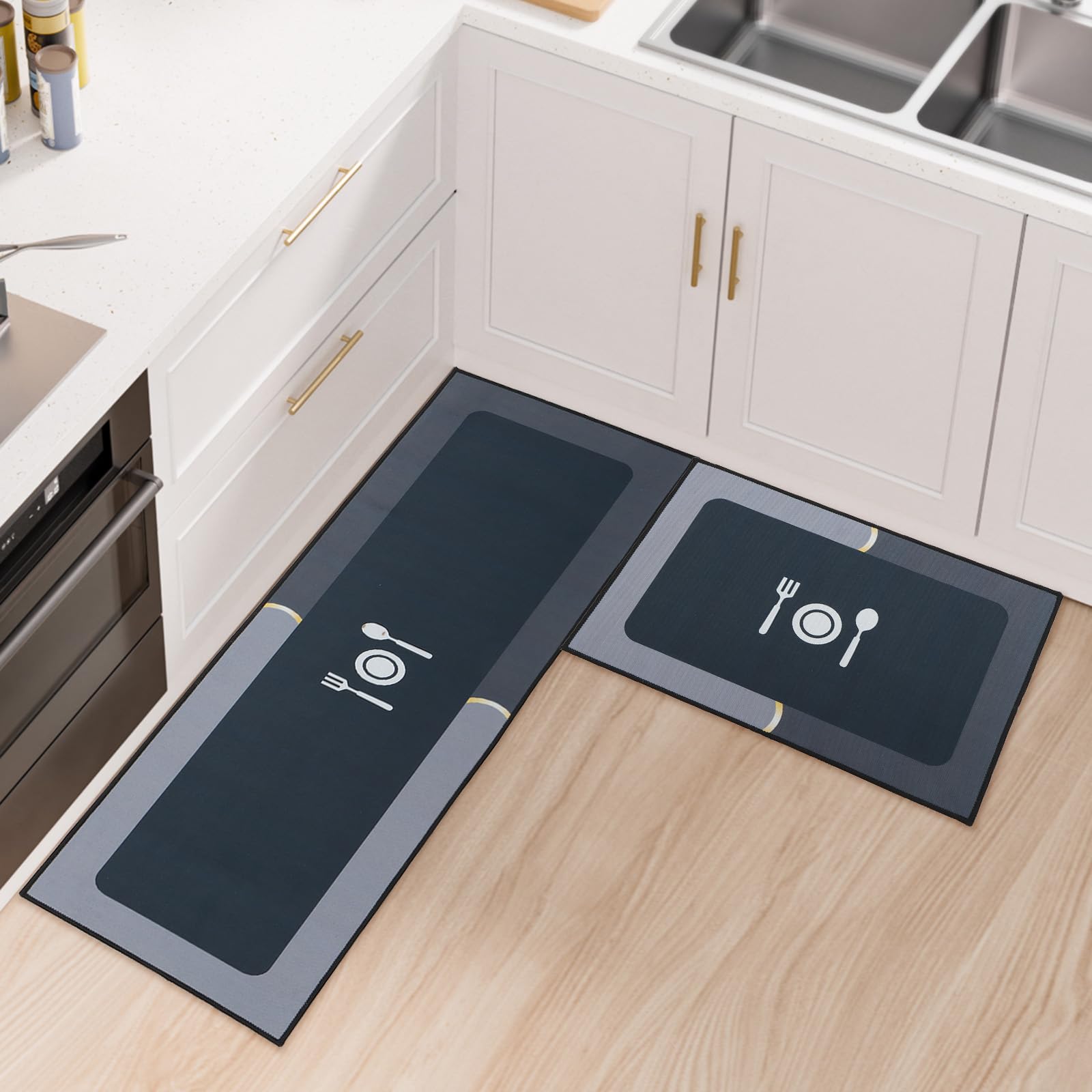 Fecialy Kitchen Rug Set 2 Piece Non Slip and Anti Fatigue Kitchen Mat, Thickened Silicone Backing Floor Mats Washable Mats and Rugs for kitchen, 43x75cm + 43x120cm