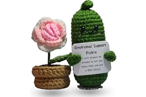 JoyChoi 2PCS Mini Funny Emotional Support Pickle Crochet Doll and Handmade Rose Pot - Unique Office and Home Decor Gifts for Women