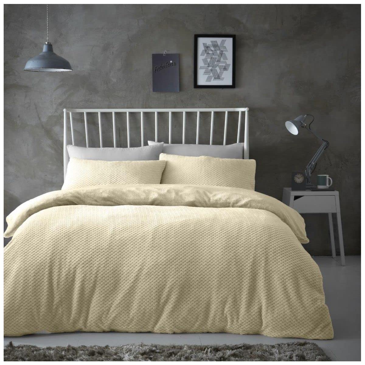 GC GAVENO CAVAILIA Popcorn Double Duvet Set Cream, Honeycomb Waffle Weave Bedding, 3 Piece Teddy Flannel Fleece Reversible Bedlinen, Easy Care DuvetCover Bedset, 1 Quilt Cover and 2 Pillow Cases