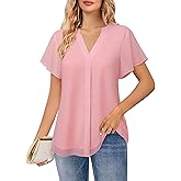 Bebonnie Womens Short Sleeve V Neck Double Layers Chiffon Blouses Dressy Casual Tunic Tops