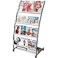 LIWSHWZ Magazine Rack Floor Standing,Brochure Display Stand, 4 Pockets Metal Literature Stand,Newspaper Rack with Wheels for Trade Show Exhibitions Office Retail Store