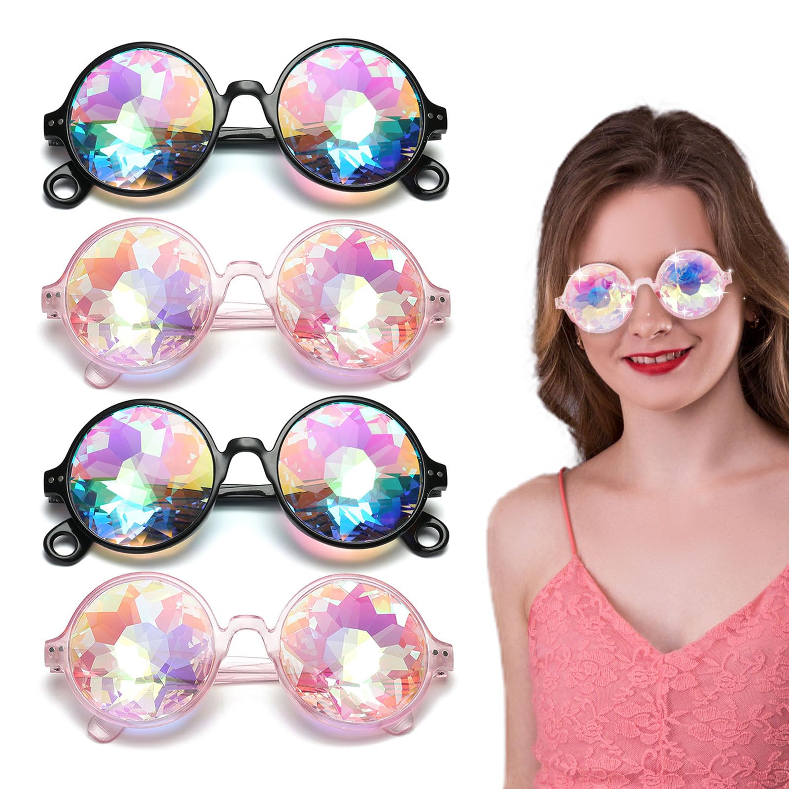 FUIPVGI 4 Pcs Kaleidoscope Glasses Rave Glasses Rave Party Glasses for Festivals Cosplay Glasses, Rainbow Light Diffraction Eyeglasses for Raves, Music Festival, Fancy Dress Party (Black, Pink)