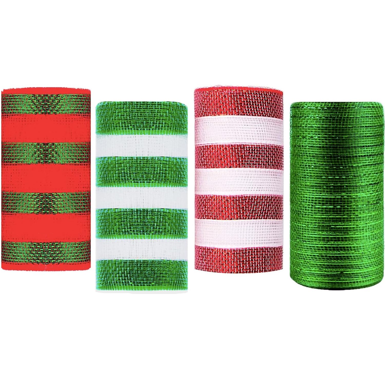 4 Rolls 6 inch x 10 Yards Christmas Deco Mesh Rolls for Wreath Making Red and Green White Stripe Xmas Poly Ribbon Christmas Mesh Ribbon Rolls for Xmas Wreath Garland Crafting Tree Decorations