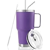 DYNAMIC SE 30 oz Tumbler With Handle, Double Wall Stainless Steel Vacuum Insulated Travel Mug with Splash-Proof Lid Metal Straw and Brush (Purple)