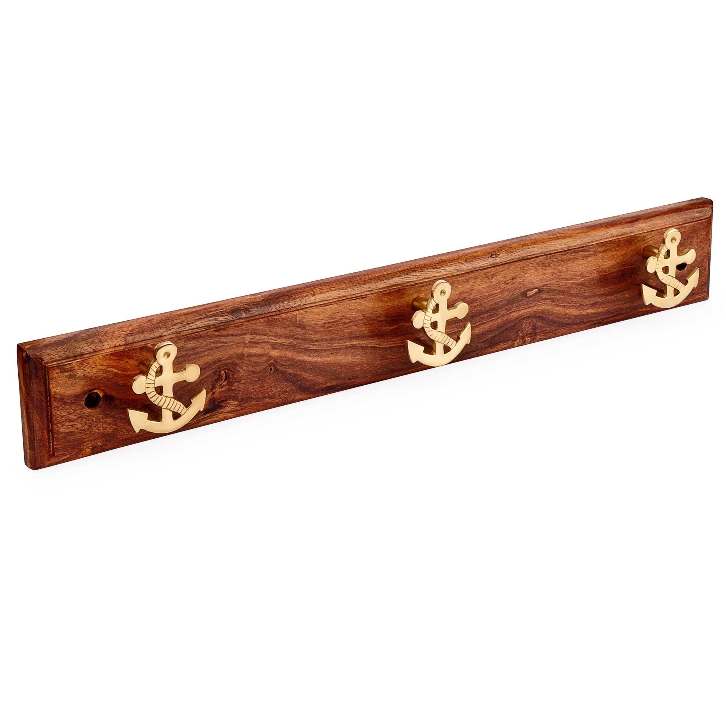 NKlaus Maritime 11618 Hook Rack with Anchor Design 3-Way with Brass on Wood 48 x 7 x 4 cm