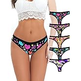 Morvia 5pcs Women Sexy Coquette Contrast Lace Trims Heart Floral Print Thongs Cute Valentine's Day Comfy Intimates Panties
