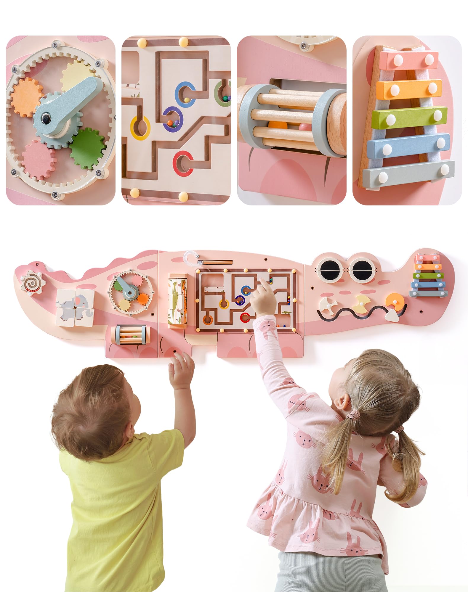 ROBOTIME Crocodile Wooden Busy Board, Multi-Interactive Activity Wall-Mounted Centre, Montessori Toy with Bead Maze, Educational Toys with Xylophone, Gift for Toddler Pink