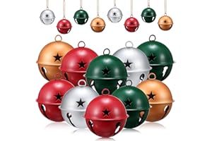 Zubebe Christmas Bells Jingle Bells Large 2.5 Inch Star Cutout Ornament for Crafts Christmas Tree Decor Gift Wrapping(Matte Red, Green, Gold, Silver,12 Pcs)