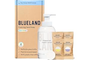 BLUELAND Hand Soap Starter Set, 1 Refillable Glass Foaming Hand Soap Dispenser with 4 Refill Tablets, Variety Scents, 4 x 9 Fl oz