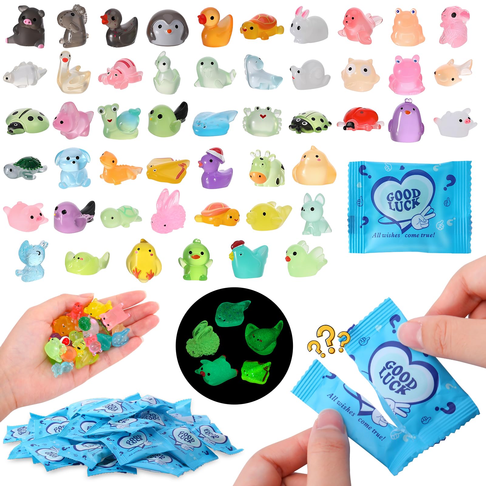 50 Pack Mini Glow Resin Animals Blind Bags, Small Resin Animals Mixed, Tiny Plastic Animal Figures Toys Glow in The Dark for Party Favors, Treasure Hunt Games, Dollhouse Decor, Mini Garden Landscape