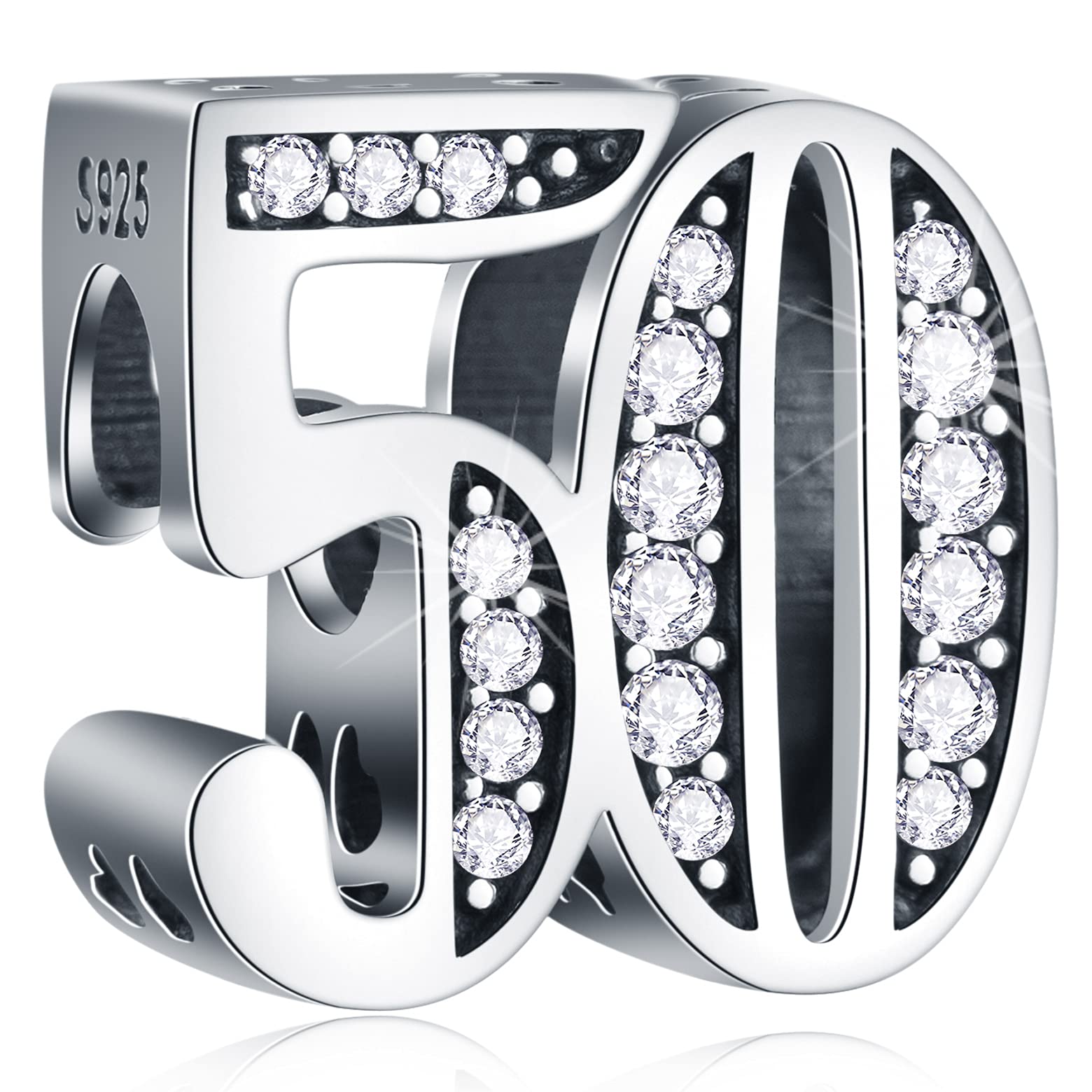 50 Anniversary Charms fits Pandora Wedding Bracelet, 925 Sterling Silver 50th Birthday Beads with CZ Birthstone, Number 50 Years of Love Gifts for Mothers Day/Fathers Day