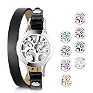 Essential Oil Diffuser Bracelet,Stainless Steel Aromatherapy Locket Bracelets Leather Band with 8 Color Pads,Girls Women Jewelry Gift Set (Tree black)