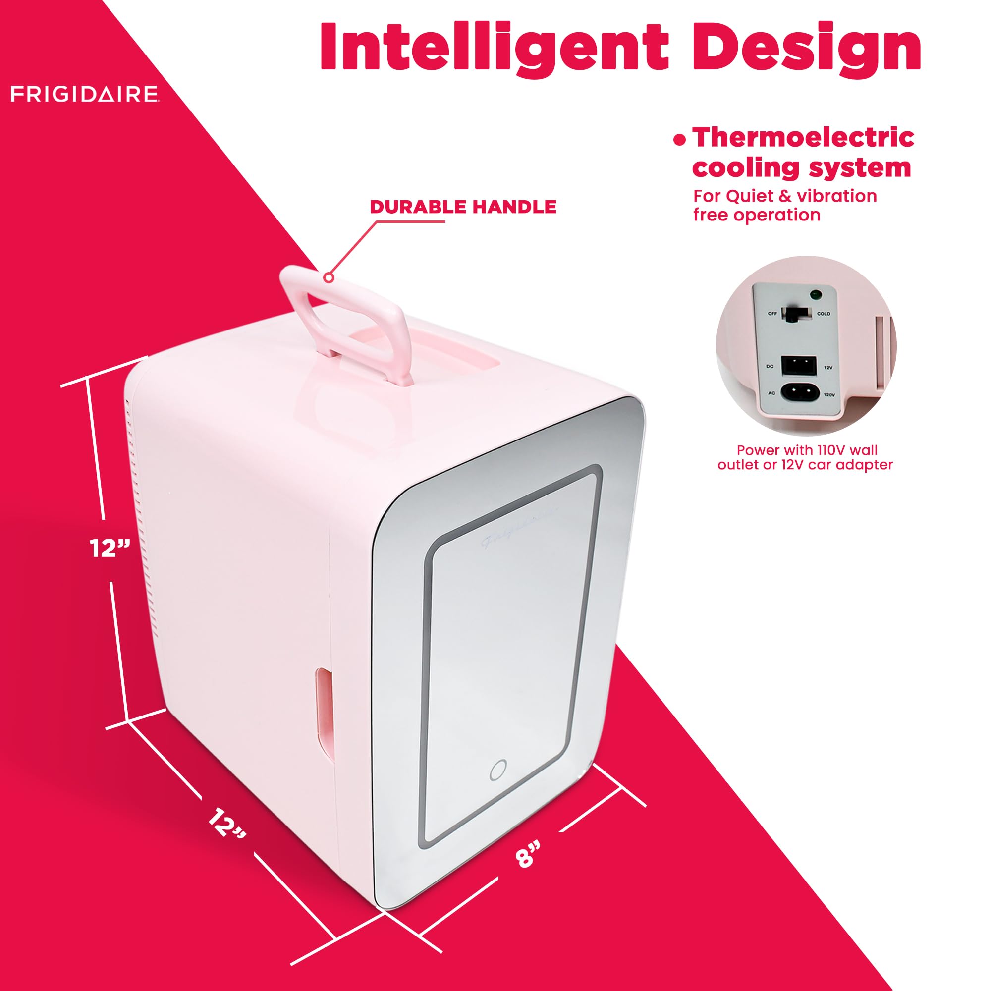 FRIGIDAIRE Mini Cooler, Portable Compact Personal LED Lighted Mirror Fridge, 6.5L Capacity Chills 9 Cans, 100% Freon-Free & Eco Friendly, for Makeup, Skincare, 12"D x 8"W x 12"H (Pink) - Image 5