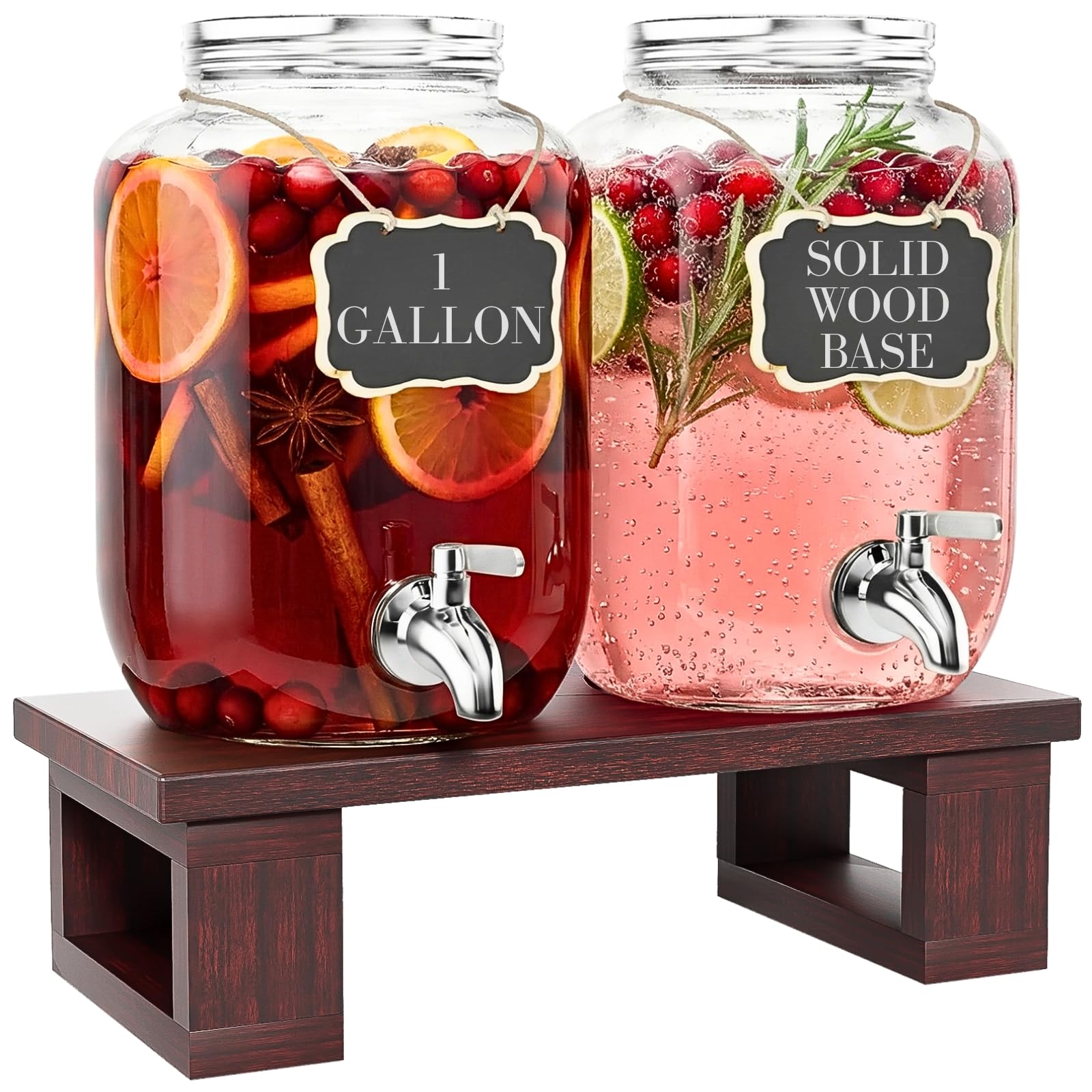 Photo 1 of 2Pack Large Drink Dispensers for Parties, Glass Beverage Dispenser with Solid Wood Stand, 1 Gallon Water Drink Dispenser with Stainless Steel Spigot & Filter for Lemonade, Juice, Sun Tea & Punch