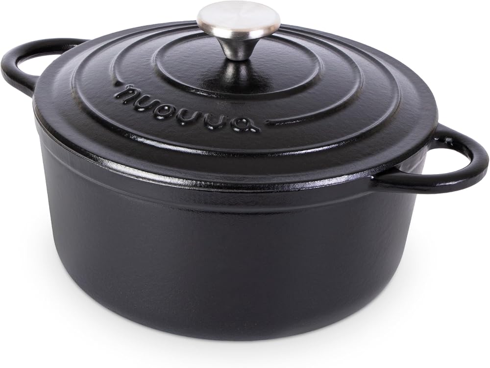 Nuovva Enamelled Cast Iron Dutch Oven 5 Quart with Lid Black 24cm
