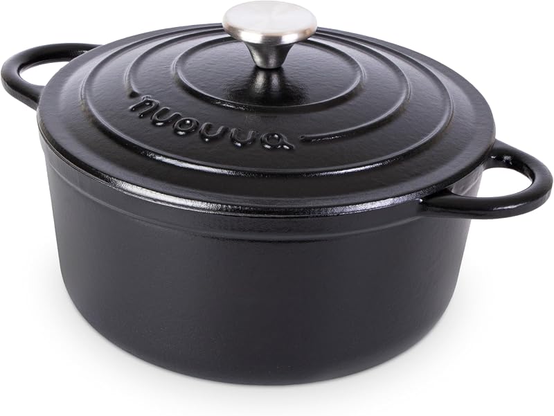 Nuovva Enamelled Cast Iron Dutch Oven 5 Quart with Lid Black 24cm