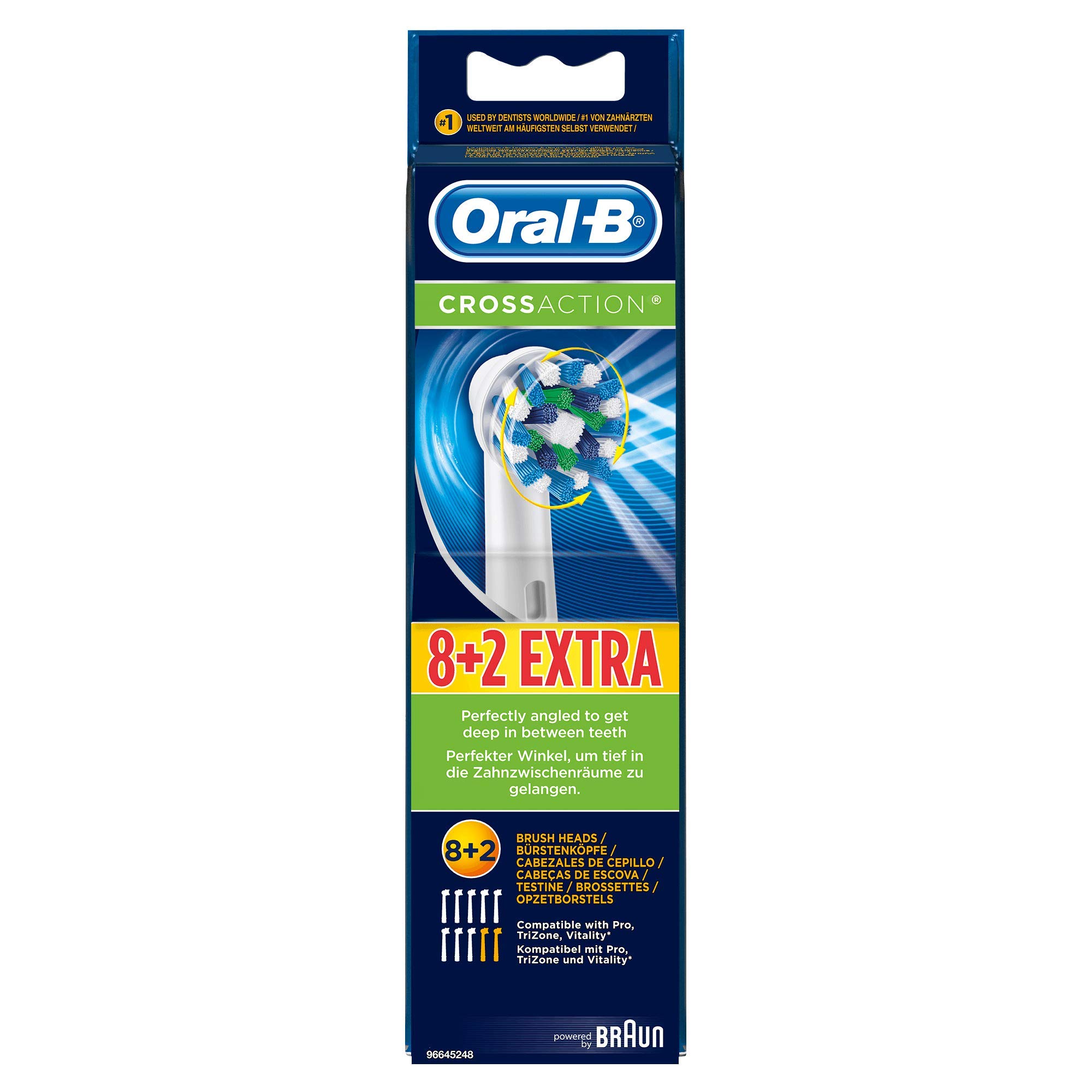 Oral-B Genuine CrossAction Replacement White Toothbrush Heads Bulk Pack of 10, Refills for Electric Toothbrush, Angled Bristles for Up to 100 Percent More Plaque Removal