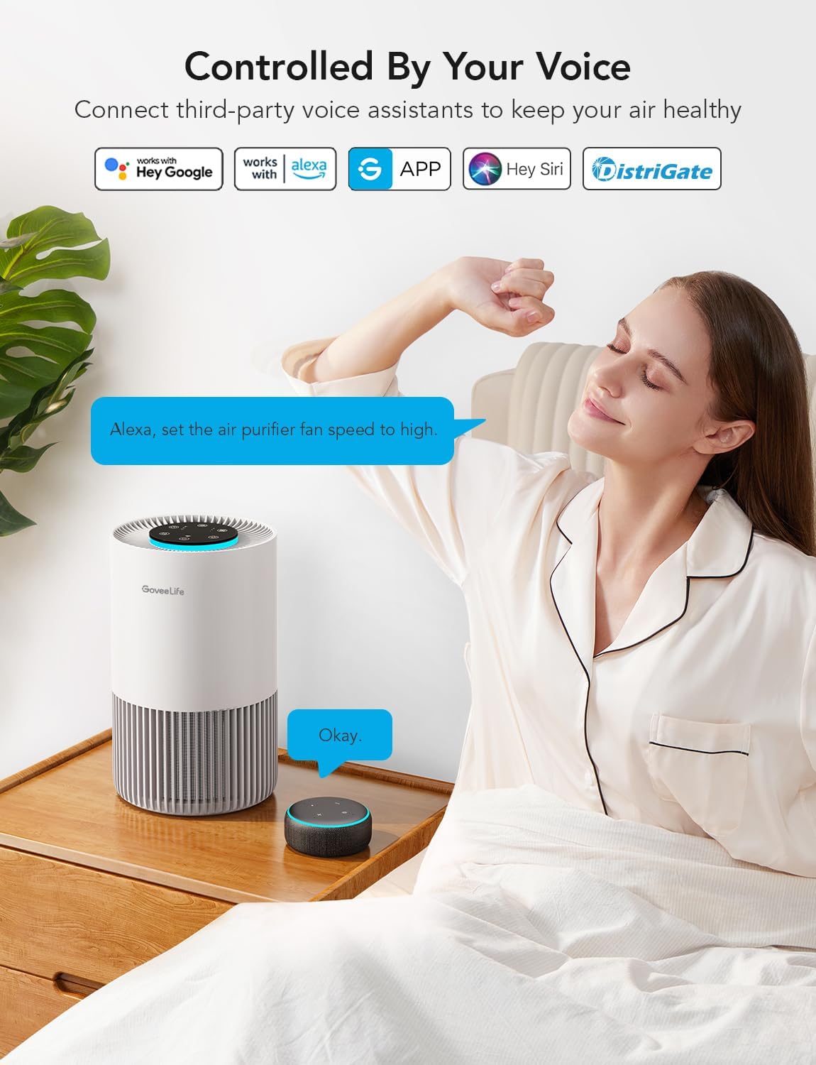 GoveeLife Smart Air Purifiers for Bedroom, Portable Filter Cleaner with WiFi Alexa Control for Pet Hair Odors Pollen Smoke, 24dB Quiet Air Purifier with 3 Speeds, Timer, Aromatherapy for Desktop