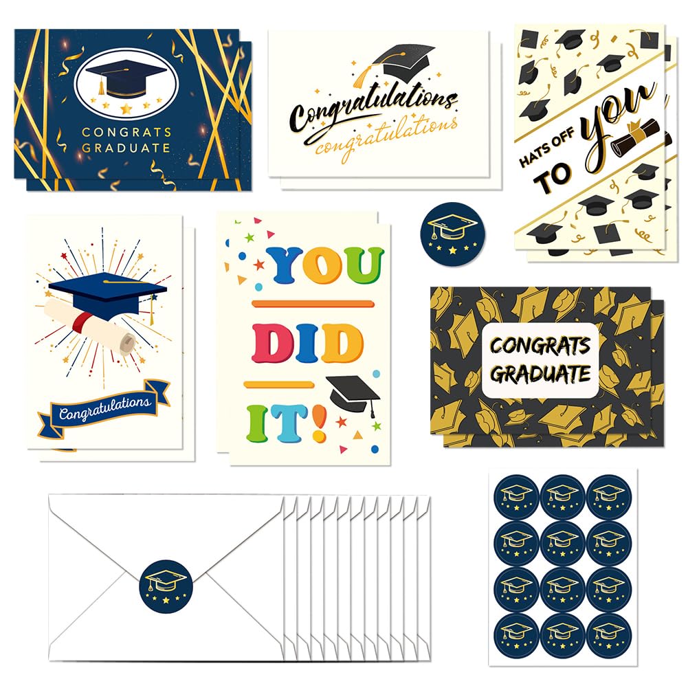 Graduation Cards,Congratulations Blank Cards With Envelopes & Stickers 12PCS,6 Designs Congrats Graduate YOU DID IT Greeting Cards For Thank You Graduation 2025 Congratulations Exchange Gift Supplies