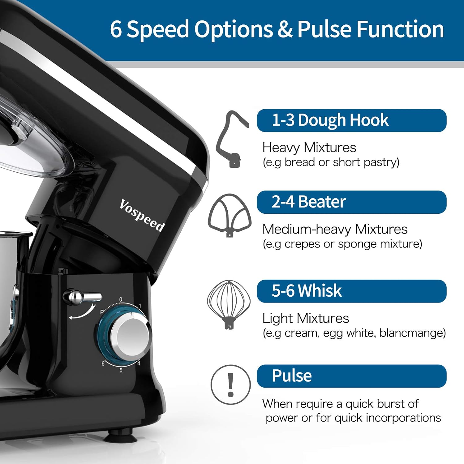 Stand Mixer, Vospeed Food Mixer Dough Blender, 6.2L Electric Cake Mixer with Bowl, Beater, Hook, Whisk - Image 4