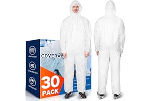 CAREGY Hazmat Suits 30 Pack Disposable Protective Coveralls, Heavy Duty Full Body Painters Suit for Men & Women with Elastic Wrists, Ankles and Hood, Available in 4 sizes-Large